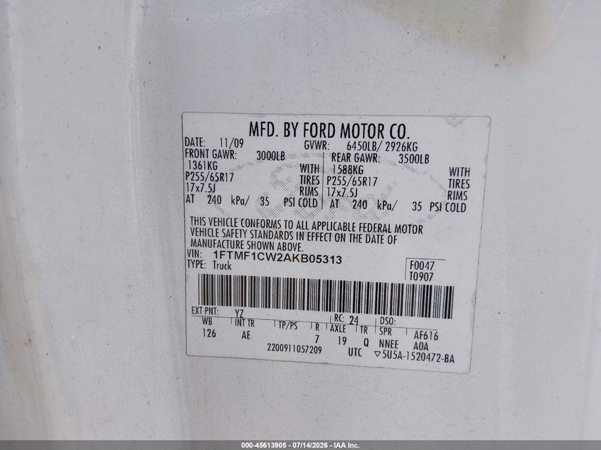 2010 Ford F-150 VIN 1FTMF1CW2AKB05313 IAAI salvage auction — NORMAL WEAR, Clear (New Jersey), sold $225 on 2026-07-23 (photo 9)
