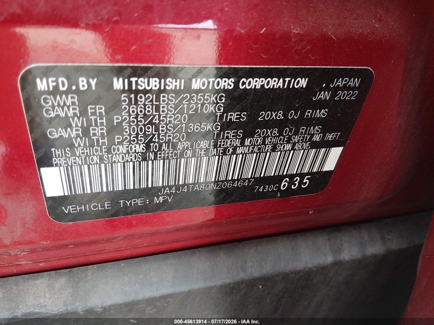 2022 Mitsubishi Outlander VIN JA4J4TA80NZ064647 IAAI salvage auction — WATER/FLOOD, Salvage Title, sold $4,950 on 2026-08-19 (photo 9)