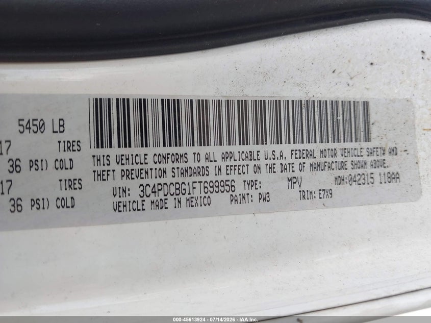 2015 Dodge Journey VIN 3C4PDCBG1FT699956 IAAI salvage auction — FRONT END, Salvage Title, sold $1,450 on 2026-08-01 (photo 9)
