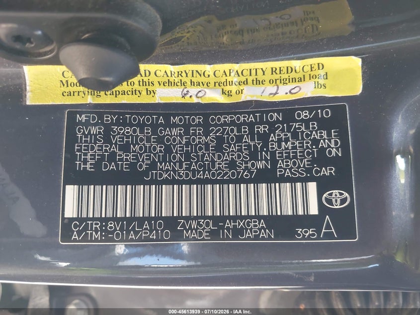 2010 Toyota Prius v VIN JTDKN3DU4A0220767 IAAI salvage auction — NORMAL WEAR, Clear - Dealer Only (California), sold $2,150 on 2026-07-15 (photo 9)