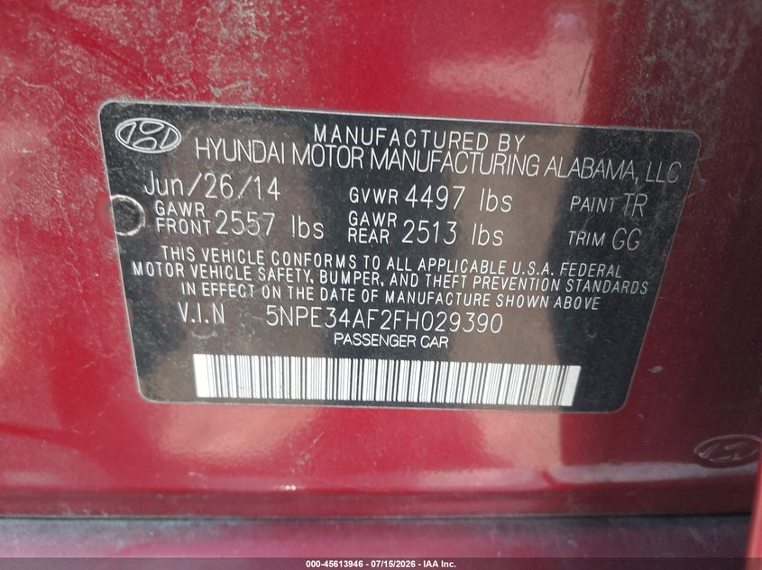 2015 Hyundai Sonata VIN 5NPE34AF2FH029390 IAAI salvage auction — FRONT END, Wait Title, sold $600 on 2026-08-01 (photo 9)