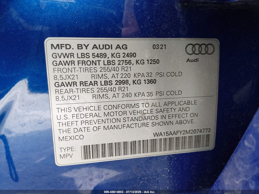 2021 Audi Q5 sportback VIN WA15AAFY2M2074773 IAAI salvage auction — FRONT END, Salvage Title, sold $11,200 on 2026-07-31 (photo 9)