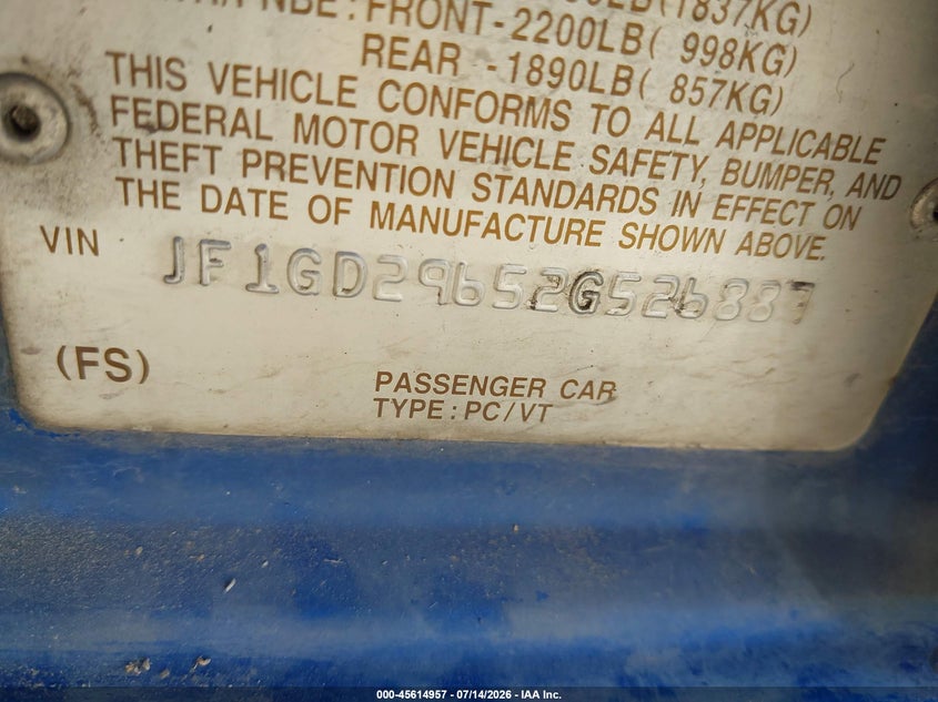 2002 Subaru Impreza VIN JF1GD29652G526887 IAAI salvage auction — NORMAL WEAR, Clear - Public Restricted (Oregon), sold $575 on 2026-07-20 (photo 9)
