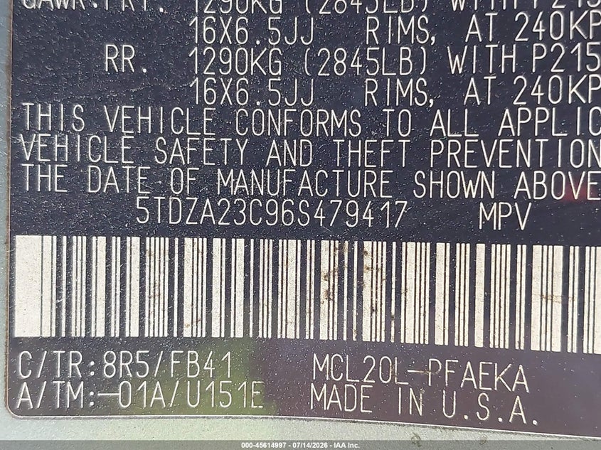 2006 Toyota Sienna VIN 5TDZA23C96S479417 IAAI salvage auction — SIDE, Salvage - Greater Than 75% (Maryland), sold $700 on 2026-08-02 (photo 9)