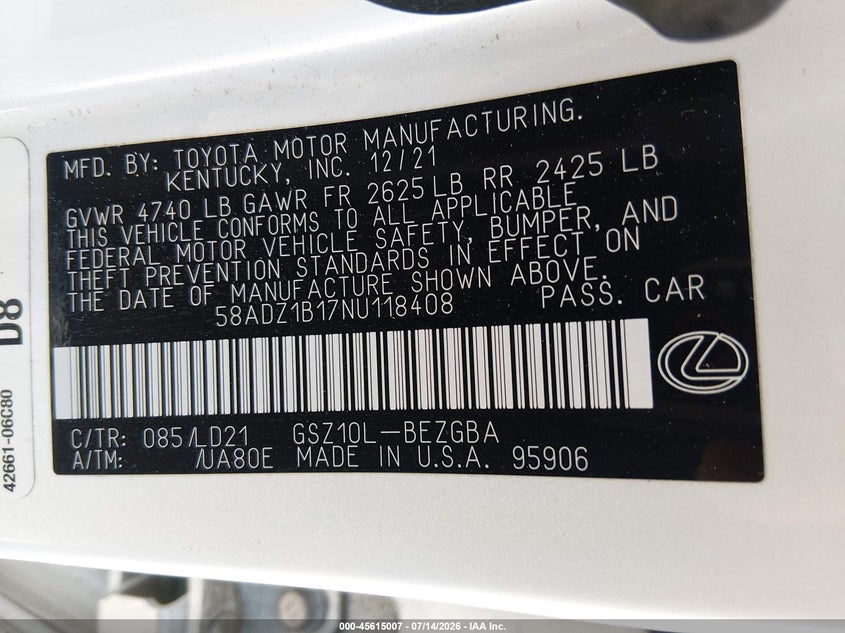 2022 Lexus ES VIN 58ADZ1B17NU118408 IAAI salvage auction — FRONT & REAR, Salvage (California), sold $10,100 on 2026-07-28 (photo 9)
