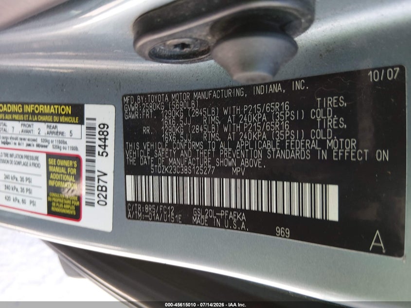 2008 Toyota Sienna VIN 5TDZK23C38S125277 IAAI salvage auction — NORMAL WEAR, Clear (Indiana), sold $300 on 2026-07-28 (photo 9)