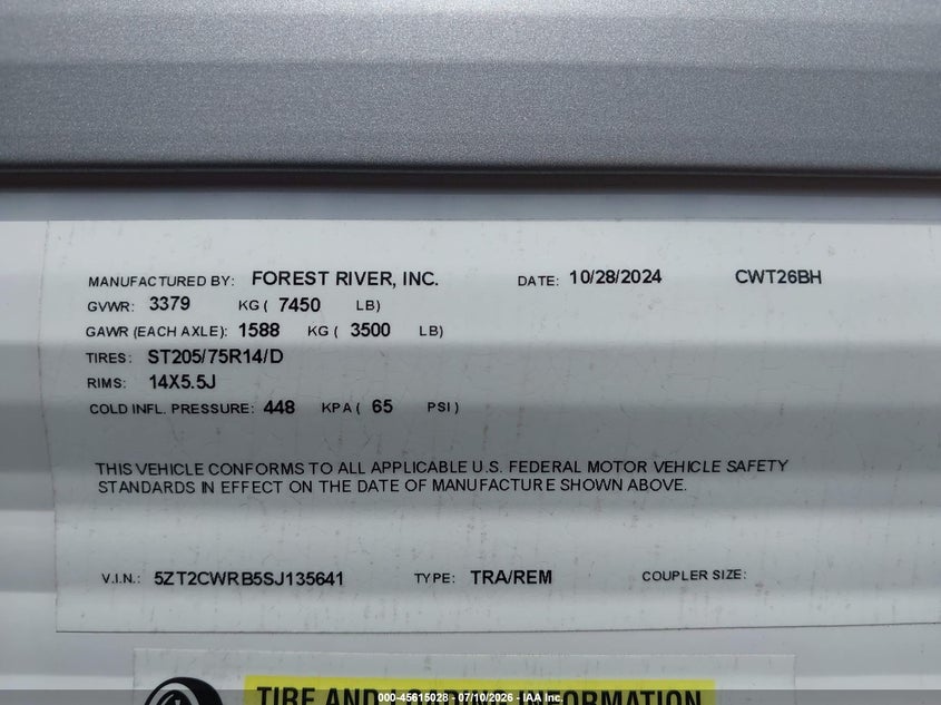 2025 Forest river Clipper VIN 5ZT2CWRB5SJ135641 IAAI salvage auction — NORMAL WEAR, Clear (Tennessee), sold $2,850 on 2026-07-16 (photo 9)