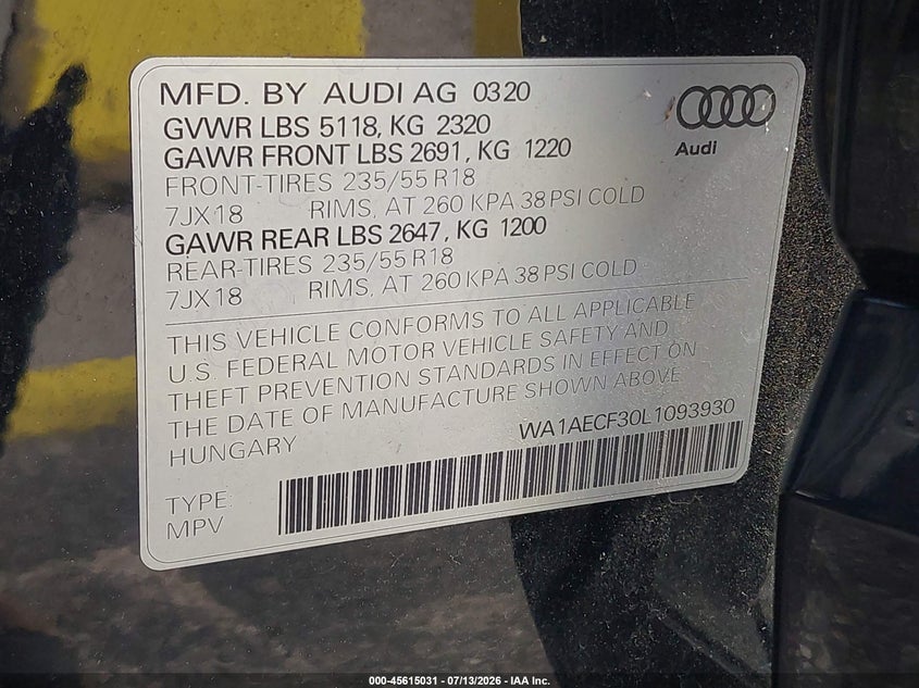 2020 Audi Q3 VIN WA1AECF30L1093930 IAAI salvage auction — UNKNOWN, Clear (Florida), sold $5,200 on 2026-07-23 (photo 9)