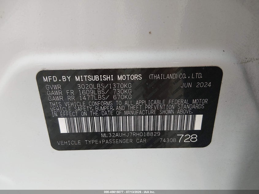 2024 Mitsubishi Mirage VIN ML32AUHJ7RH018829 IAAI salvage auction — RIGHT FRONT, Salvage Title, sold $1,000 on 2026-07-22 (photo 9)