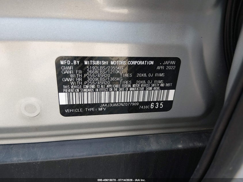 2022 Mitsubishi Outlander VIN JA4J3UA82NZ077909 IAAI salvage auction — FRONT END, Wait Title, sold $5,000 on 2026-08-23 (photo 9)