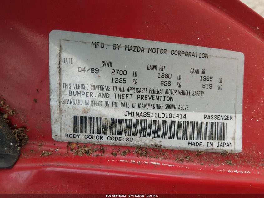 1990 Mazda Mx-5 miata VIN JM1NA3511L0101414 IAAI salvage auction — NORMAL WEAR, Clear (Virginia), sold $800 on 2026-07-31 (photo 9)