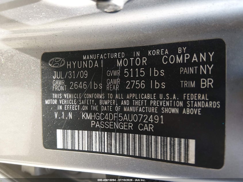 2010 Hyundai Genesis VIN KMHGC4DF5AU072491 IAAI salvage auction — NORMAL WEAR, Clear - Dealer Only (Hawaii), sold $25 on 2026-07-29 (photo 9)