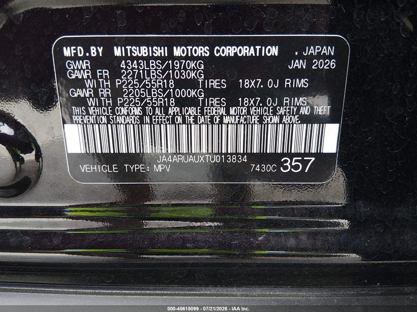 2026 Mitsubishi Outlander VIN JA4ARUAUXTU013834 IAAI salvage auction — FRONT END, Enterprise Vehicles Clear Only (Alabama), sold $6,700 on 2026-07-29 (photo 9)