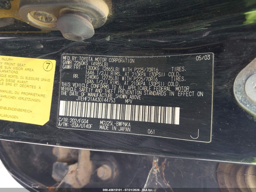 2003 Toyota Highlander VIN JTEHF21A430144753 IAAI salvage auction — NORMAL WEAR, Salvage Title - Dealer (California), sold $375 on 2026-07-30 (photo 9)