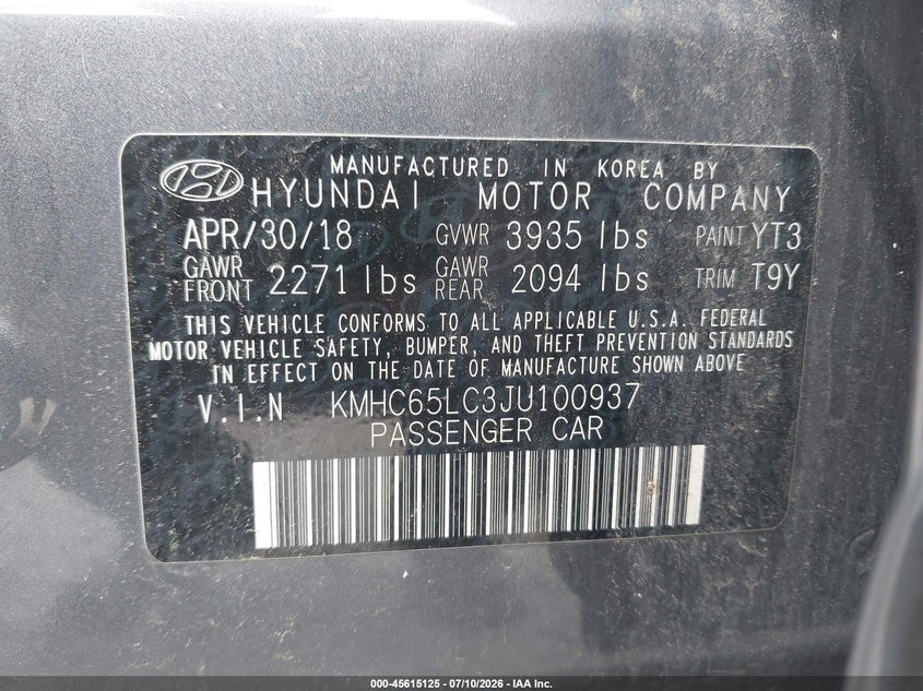 2018 Hyundai Ioniq hybrid VIN KMHC65LC3JU100937 IAAI salvage auction — NORMAL WEAR, Sf97 (New York), sold $8,950 on 2026-07-23 (photo 9)