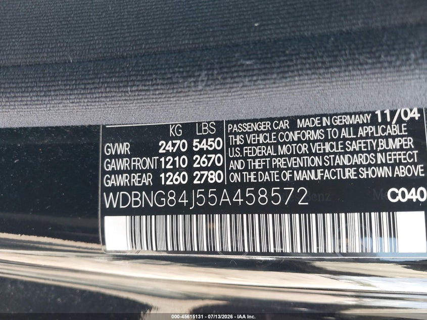 2005 Mercedes-benz S class VIN WDBNG84J55A458572 IAAI salvage auction — FRONT END, Salvage (Pennsylvania), sold $475 on 2026-07-31 (photo 9)