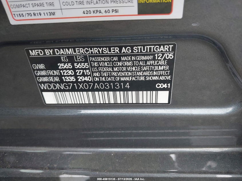 2007 Mercedes-benz S class VIN WDDNG71X07A031314 IAAI salvage auction — REAR END, Salvage (North Carolina), sold $675 on 2026-07-23 (photo 9)