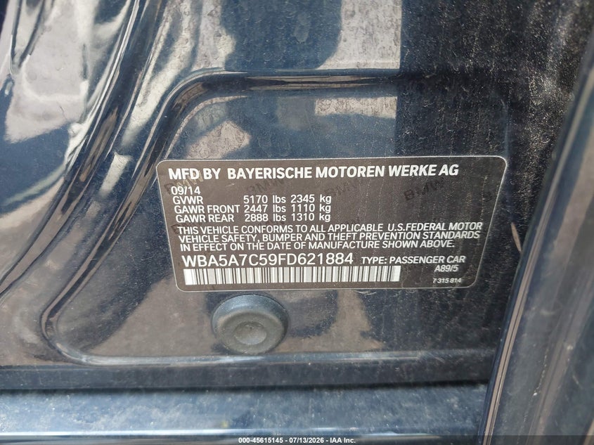 2015 BMW 5er VIN WBA5A7C59FD621884 IAAI salvage auction — FRONT END, Salvage Title, sold $2,300 on 2026-08-13 (photo 9)