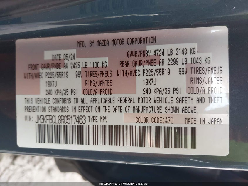 2024 Mazda Cx-5 VIN JM3KFBCL8R0517463 IAAI salvage auction — SIDE, Salvage Title, sold $25 on 2026-07-22 (photo 9)