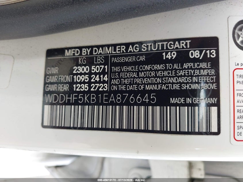 2014 Mercedes-benz E-klasse VIN WDDHF5KB1EA876645 IAAI salvage auction — FRONT END, Salvage Title, sold $575 on 2026-08-05 (photo 9)