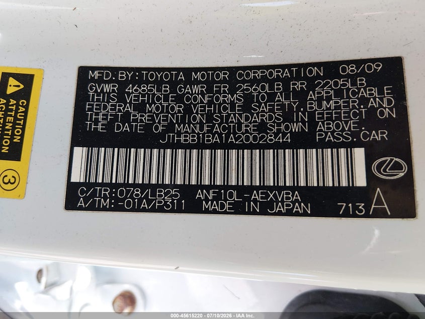 2010 Lexus Hs 250h VIN JTHBB1BA1A2002844 IAAI salvage auction — NORMAL WEAR, Clear (Hawaii), sold $25 on 2026-07-21 (photo 9)