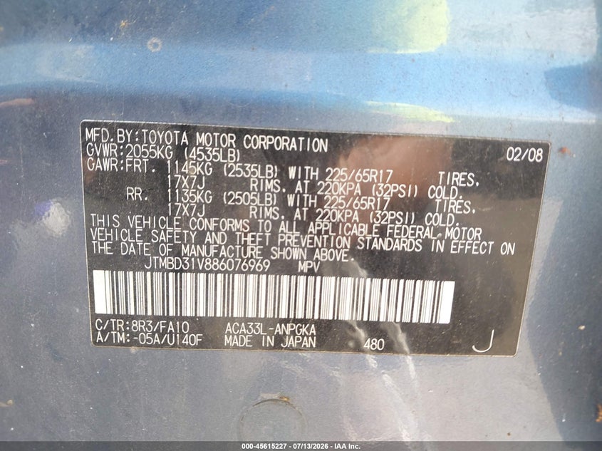 2008 Toyota Rav4 VIN JTMBD31V886076969 IAAI salvage auction — NORMAL WEAR, Clear (Illinois), sold $125 on 2026-07-22 (photo 9)