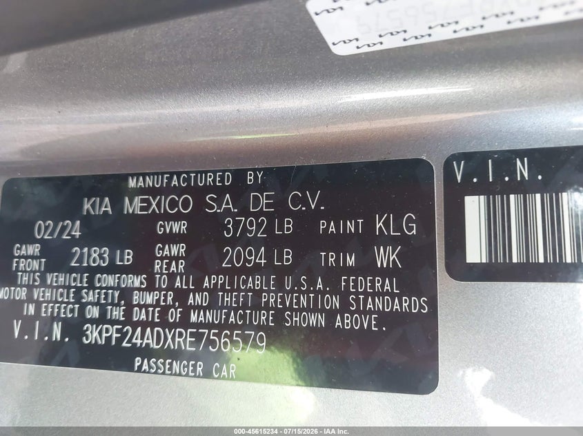 2024 Kia Forte VIN 3KPF24ADXRE756579 IAAI salvage auction — ROOF, Enterprise Vehicles Clear Only (Michigan), sold $9,900 on 2026-07-22 (photo 9)