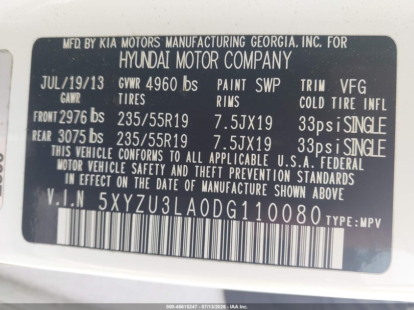 2013 Hyundai Santa fe VIN 5XYZU3LA0DG110080 IAAI salvage auction — NORMAL WEAR, Clear (Florida), sold $900 on 2026-07-30 (photo 9)