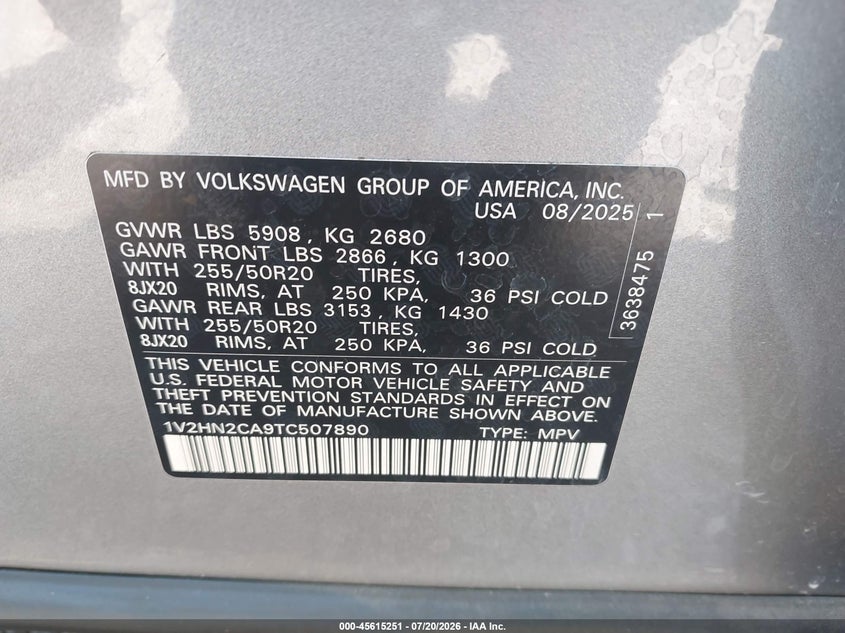 2026 Volkswagen Atlas VIN 1V2HN2CA9TC507890 IAAI salvage auction — LEFT SIDE, Enterprise Vehicles Clear Only (Florida), sold $16,625 on 2026-07-29 (photo 9)