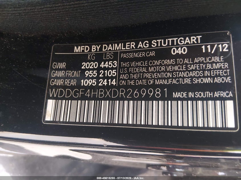2013 Mercedes-benz C-klasse VIN WDDGF4HBXDR269981 IAAI salvage auction — NORMAL WEAR, Clear (Florida), sold $475 on 2026-08-18 (photo 9)