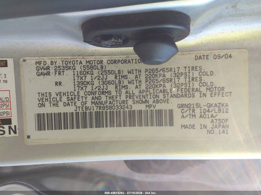 2005 Toyota 4runner VIN JTEBU17R858033243 IAAI salvage auction — NORMAL WEAR, Clear (New Jersey), sold $1,900 on 2026-07-23 (photo 9)