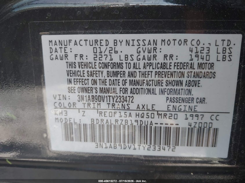 2026 Nissan Sentra VIN 3N1AB9DV1TY233472 IAAI salvage auction — LEFT FRONT, Enterprise Vehicles Clear Only (Florida), sold $9,350 on 2026-07-22 (photo 9)