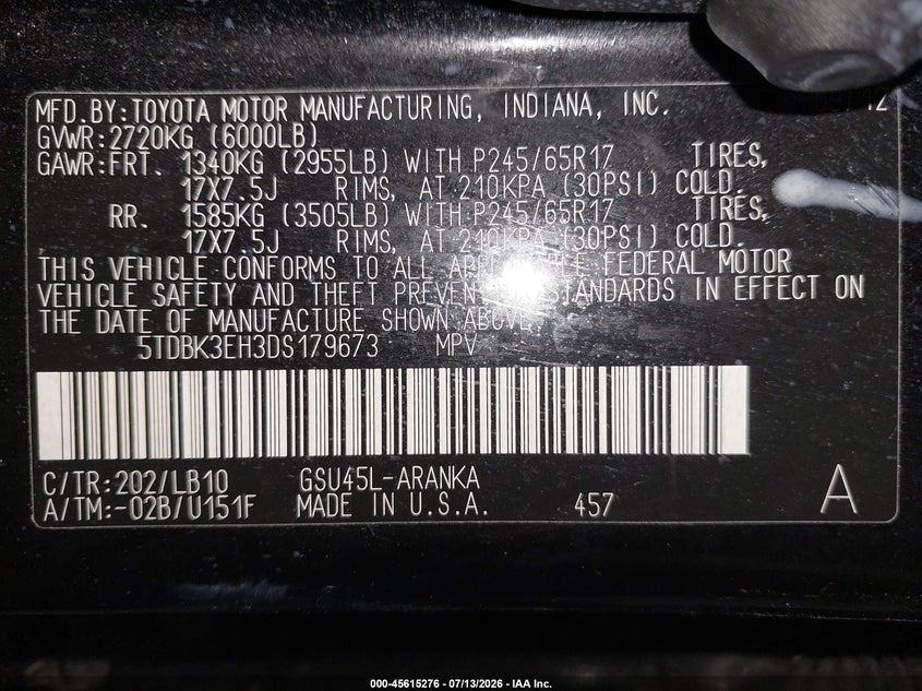 2013 Toyota Highlander VIN 5TDBK3EH3DS179673 IAAI salvage auction — NORMAL WEAR, Clear (New York), sold $2,050 on 2026-07-22 (photo 9)