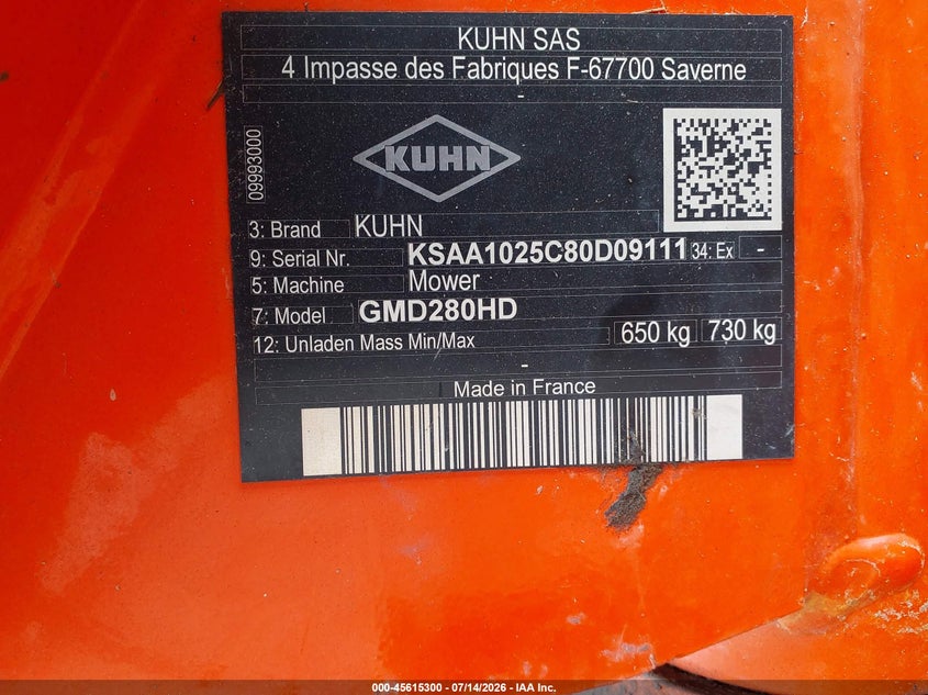 2022 Kuhn Mower gmd280hd VIN KSAA1025C80D09111 IAAI salvage auction — ALL OVER, Bill Of Sale (Texas), sold $75 on 2026-07-29 (photo 9)