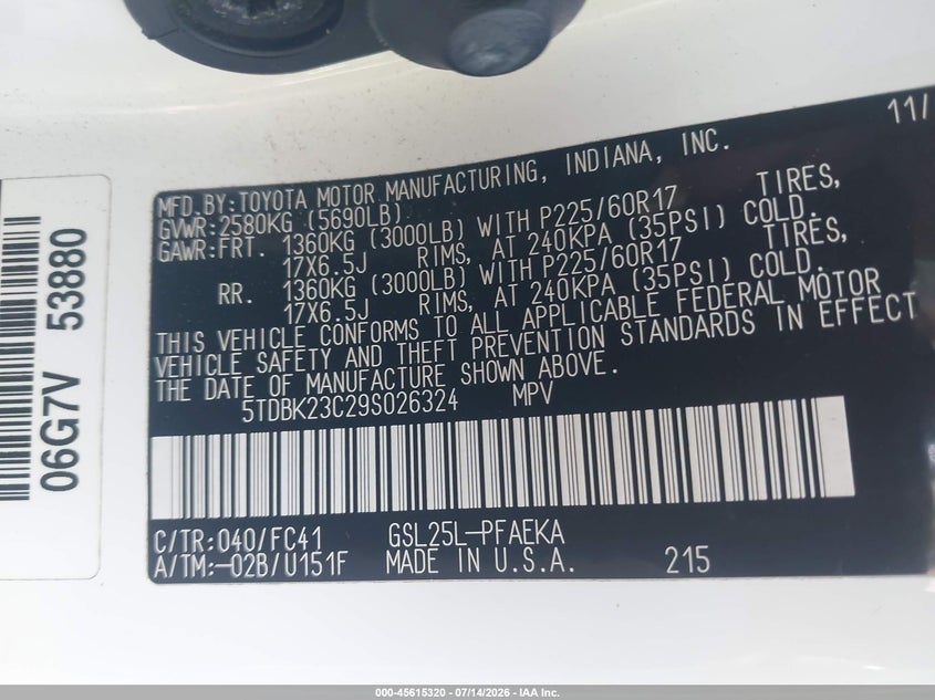 2009 Toyota Sienna VIN 5TDBK23C29S026324 IAAI salvage auction — NORMAL WEAR, Clear (New Jersey), sold $550 on 2026-07-27 (photo 9)