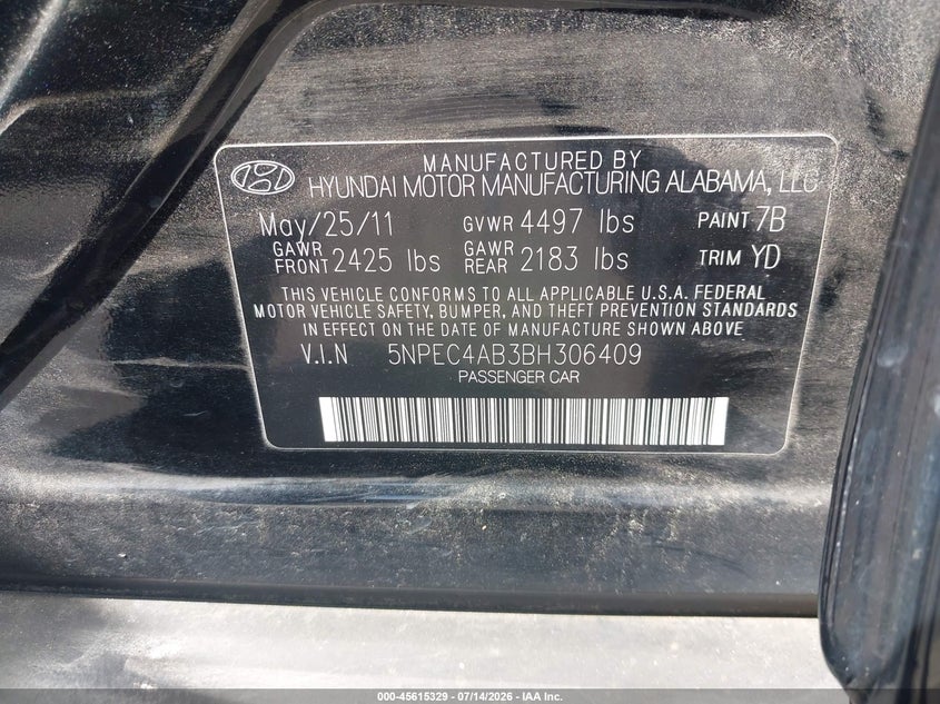 2011 Hyundai Sonata VIN 5NPEC4AB3BH306409 IAAI salvage auction — NORMAL WEAR, Clear (North Carolina), sold $1,100 on 2026-08-01 (photo 9)