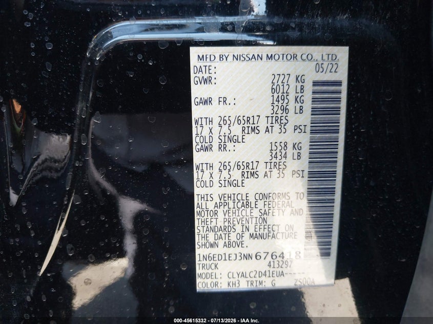 2022 Nissan Navara (frontier) VIN 1N6ED1EJ3NN676418 IAAI salvage auction — RIGHT REAR, Salvage Title, sold $7,600 on 2026-08-18 (photo 9)