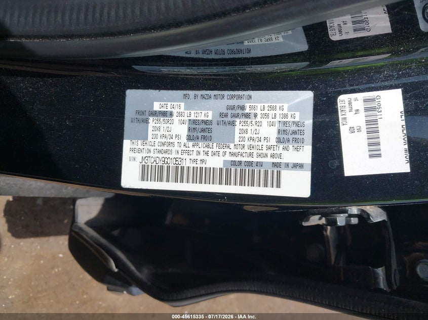 2016 Mazda Cx-9 VIN JM3TCADY9G0105311 IAAI salvage auction — RIGHT FRONT, Salvage Title, sold $2,900 on 2026-07-31 (photo 9)