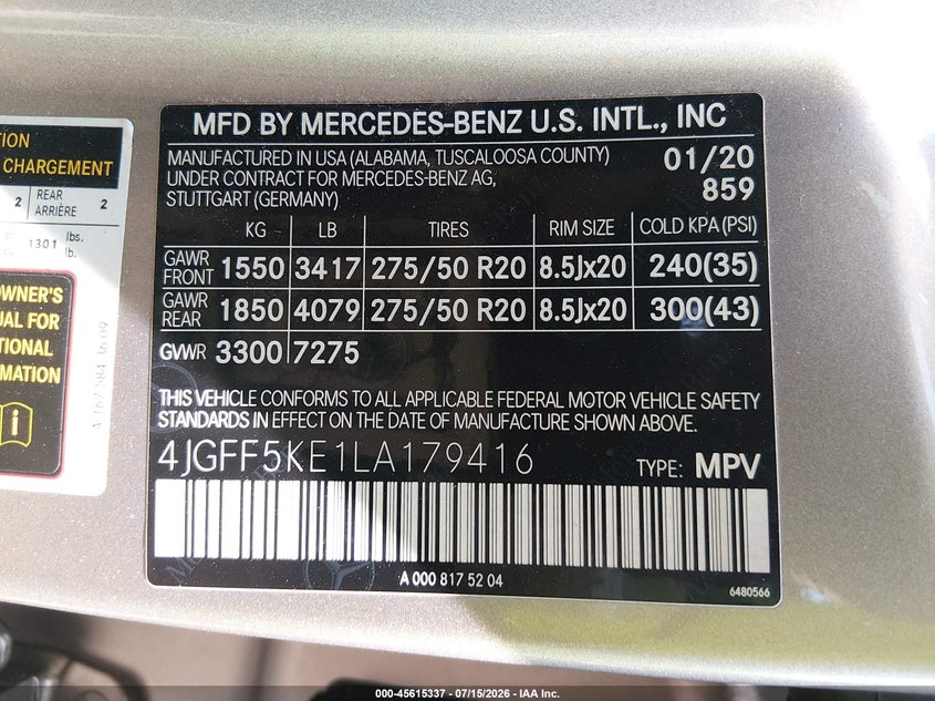2020 Mercedes-benz Gls-klasse VIN 4JGFF5KE1LA179416 IAAI salvage auction — FRONT END, Salvage - 75% Or Less (Maryland), sold $22,350 on 2026-09-09 (photo 9)