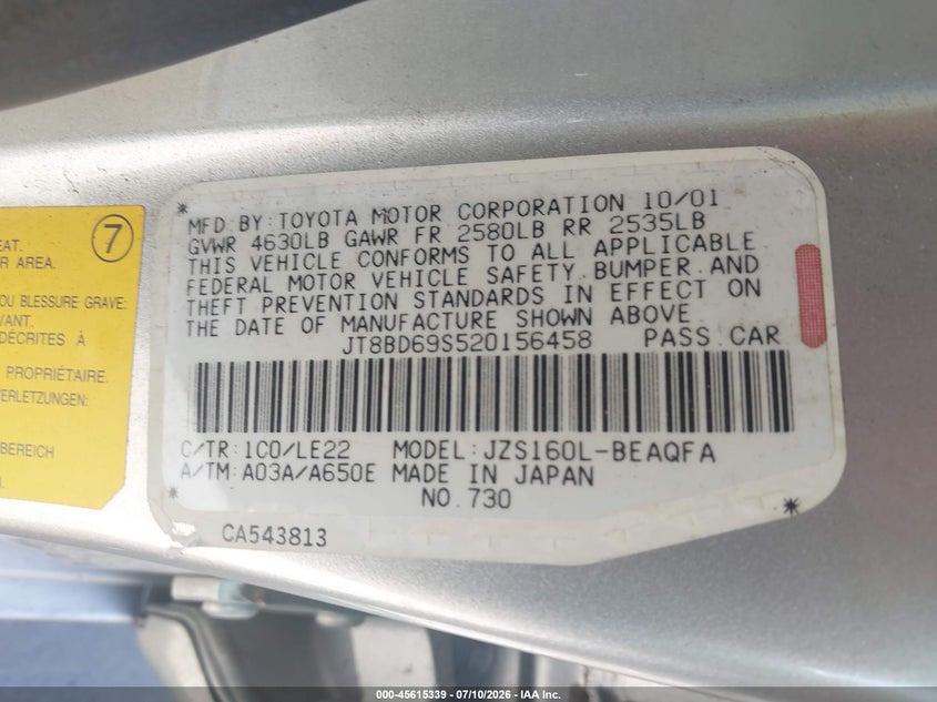 2002 Lexus Gs 300 VIN JT8BD69S520156458 IAAI salvage auction — NORMAL WEAR, Salvage Title - Dealer (California), sold $275 on 2026-07-22 (photo 9)