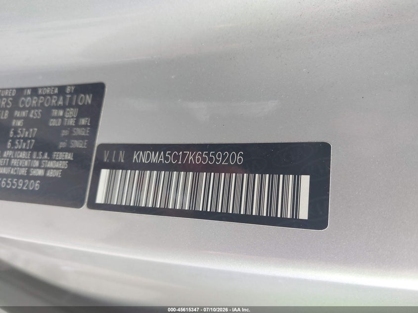 2019 Kia SEDONA VIN KNDMA5C17K6559206 IAAI salvage auction — UNKNOWN, Clear (Massachusetts), sold $1,850 on 2026-07-31 (photo 9)
