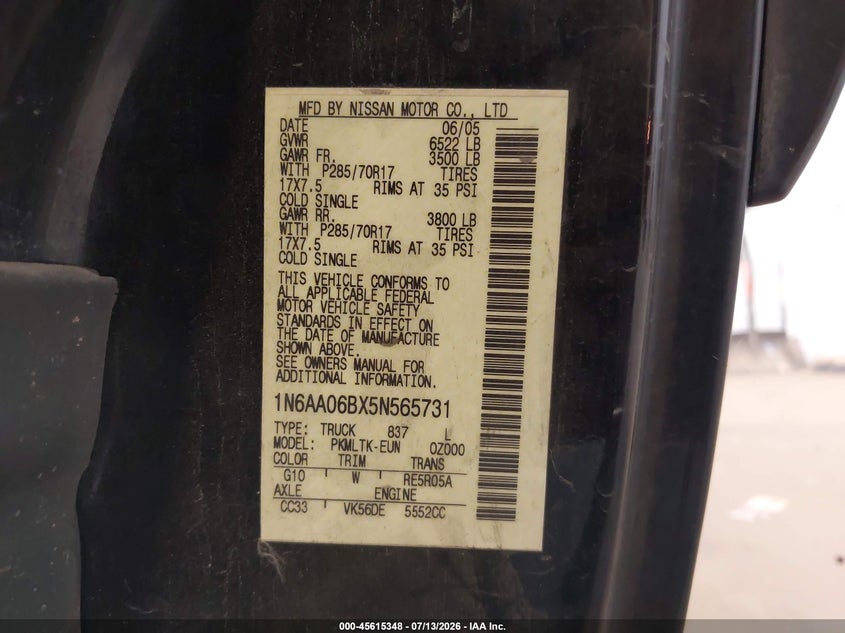2005 Nissan TITAN VIN 1N6AA06BX5N565731 IAAI salvage auction — NORMAL WEAR, Clear (Utah), sold $500 on 2026-07-22 (photo 9)
