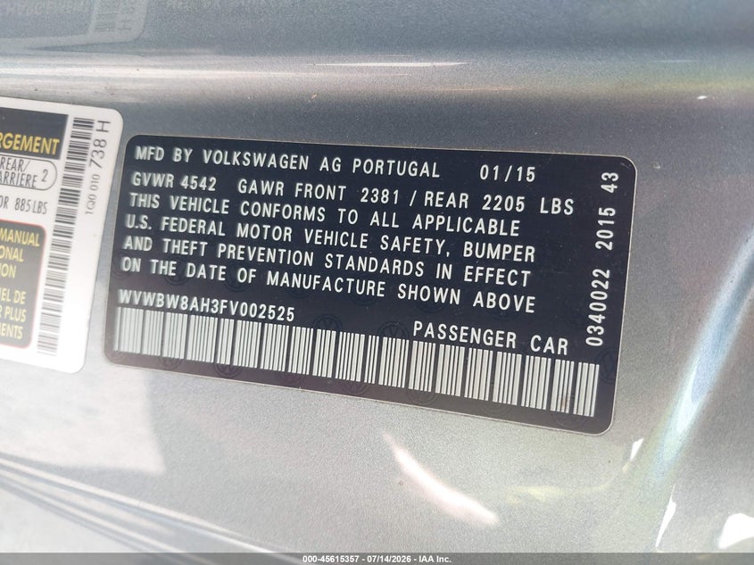 2015 Volkswagen Eos VIN WVWBW8AH3FV002525 IAAI salvage auction — NORMAL WEAR, Clear (Illinois), sold $1,625 on 2026-07-29 (photo 9)