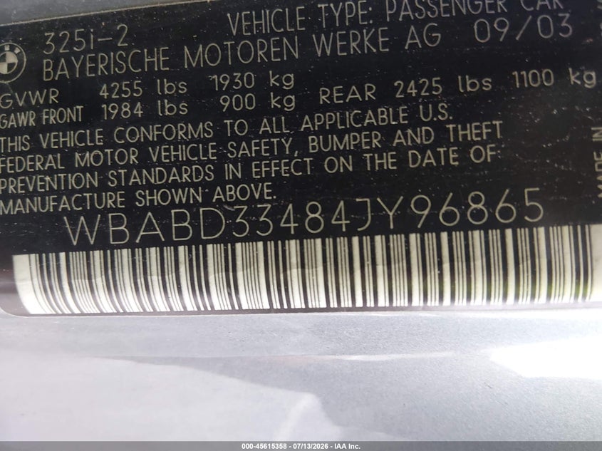2004 BMW 3 series VIN WBABD33484JY96865 IAAI salvage auction — FRONT END, Salvage (North Carolina), sold $1,100 on 2026-08-01 (photo 9)