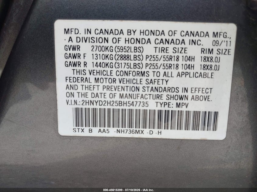 2011 Acura Mdx VIN 2HNYD2H25BH547735 IAAI salvage auction — NORMAL WEAR, Clear (New Jersey), sold $925 on 2026-07-18 (photo 9)