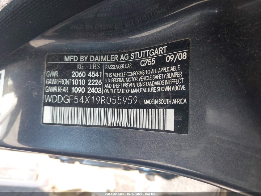 2009 Mercedes-benz C class VIN WDDGF54X19R055959 IAAI salvage auction — NORMAL WEAR, Clear (North Carolina), sold $200 on 2026-08-05 (photo 9)