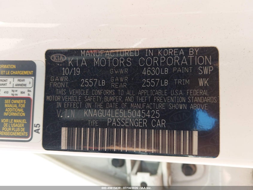 2020 Kia Optima hybrid VIN KNAGU4LE5L5045425 IAAI salvage auction — REAR END, Clear - Dealer Only (California), sold $3,100 on 2026-07-30 (photo 9)