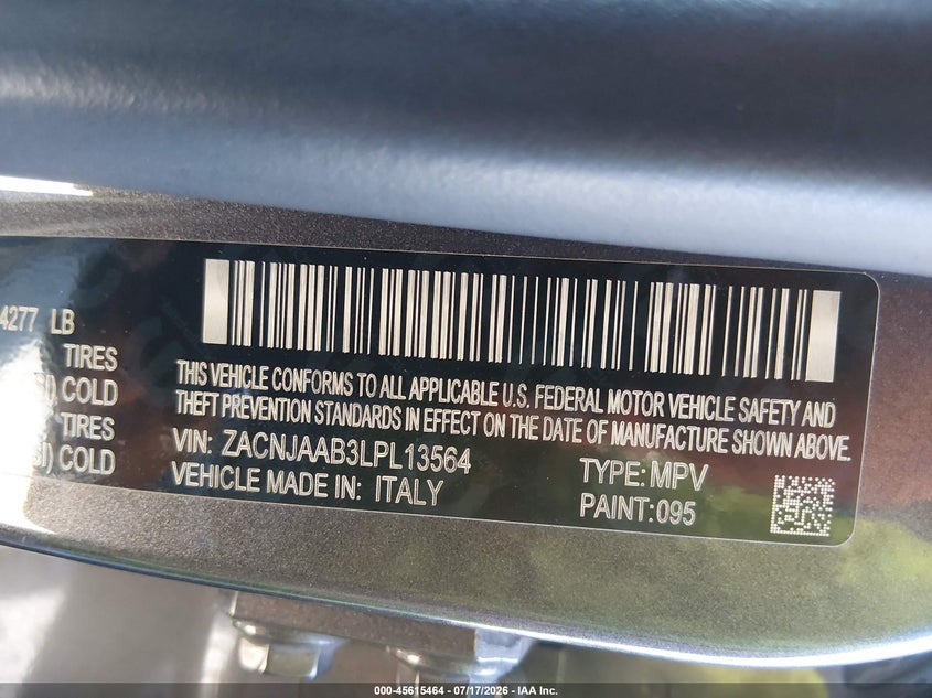 2020 Jeep Renegade VIN ZACNJAAB3LPL13564 IAAI salvage auction — SIDE, Salvage Title, sold $2,250 on 2026-08-17 (photo 9)