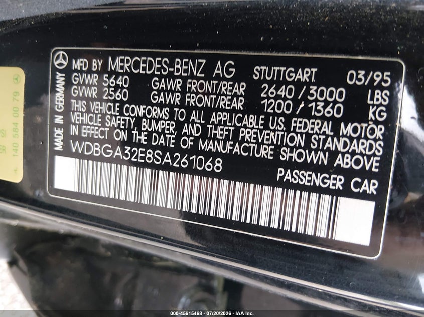 1995 Mercedes-benz S class VIN WDBGA32E8SA261068 IAAI salvage auction — NORMAL WEAR, Clear (Tennessee), sold $25 on 2026-07-29 (photo 9)