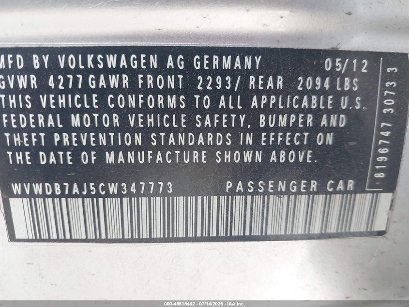 2012 Volkswagen Golf VIN WVWDB7AJ5CW347773 IAAI salvage auction — SIDE, Wait Title, sold $1,150 on 2026-08-01 (photo 9)